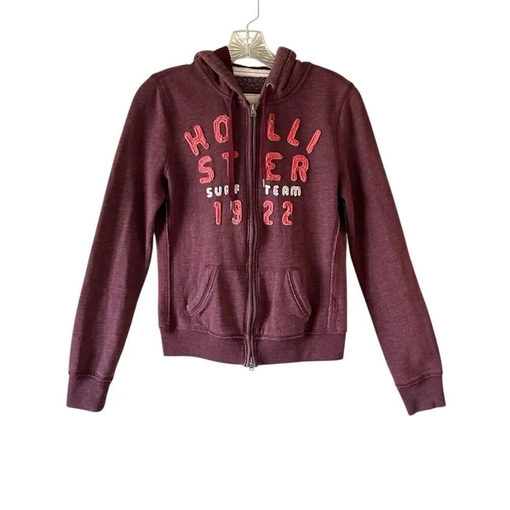 Hollister Deep Burgundy Zip Hoodie with Pink Embroidery